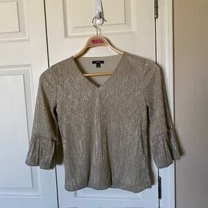 Alfani Shimmer Top Gold Metallic V-Neck Blouse 3/4 Sleeve Lined Women's PS‎